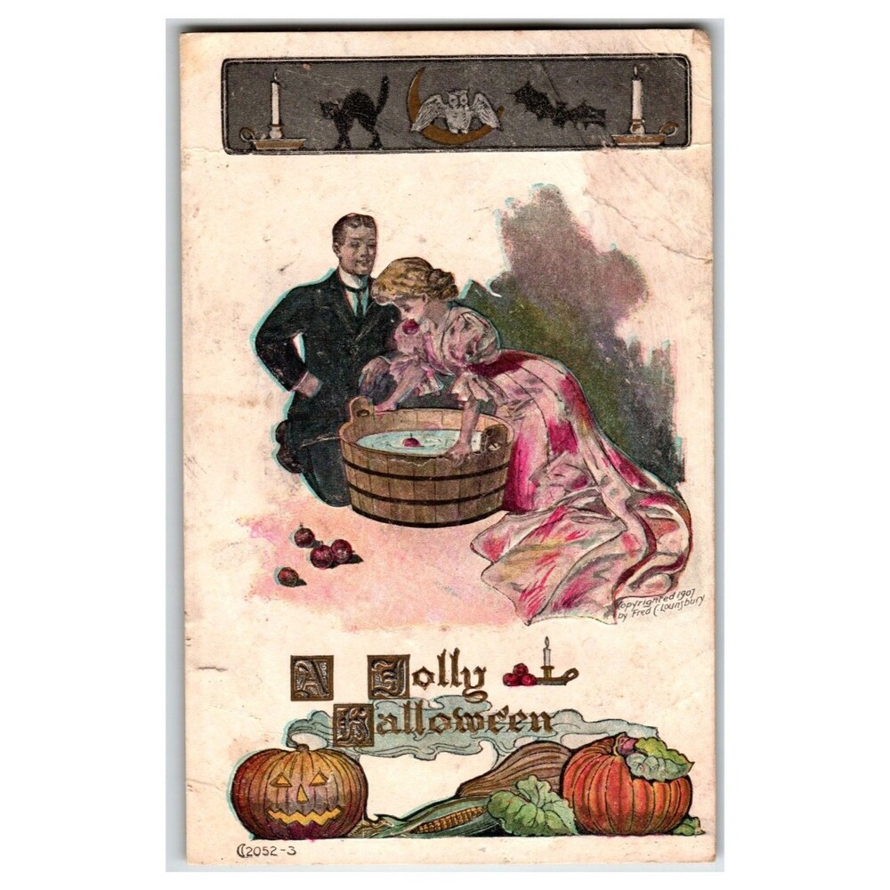 1907 Fred C. Lounsbury Halloween Postcard Bobbing for Apples Pumpkin Cat Owl